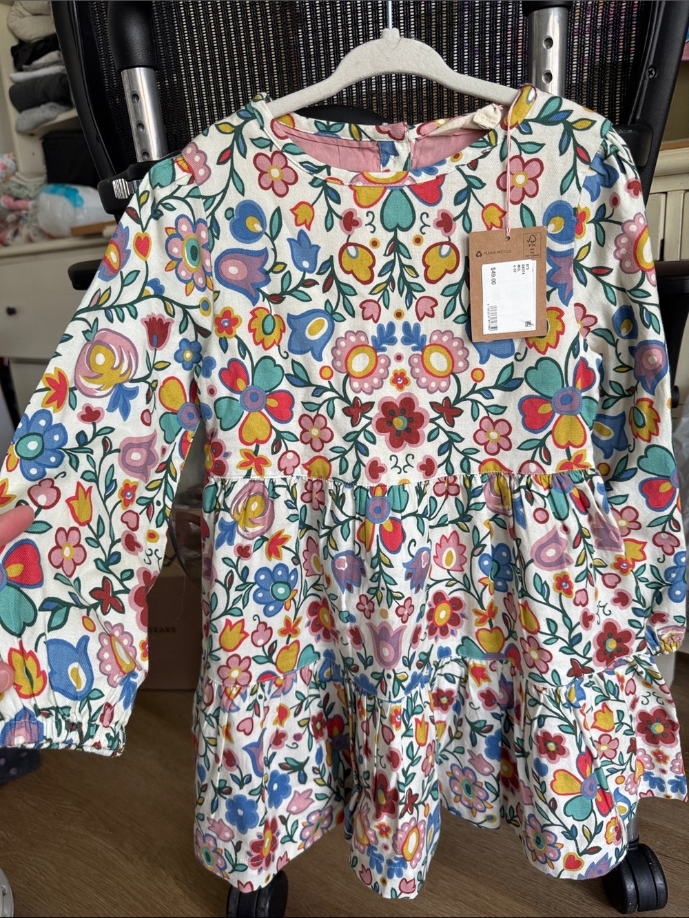 Mini Boden White Floral Tiered Long-Sleeve Dress
